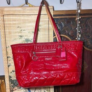 Coach Liquid Gloss Red Tote Quilted w 2 Hang Tags Silver Tone 17”x9.5”x4.5” VGUC